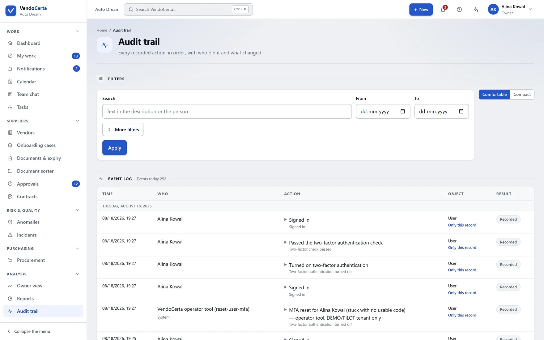 The audit trail: a five-column table of time, who, action, object and result, with filters for category, event type, object, person and date range.