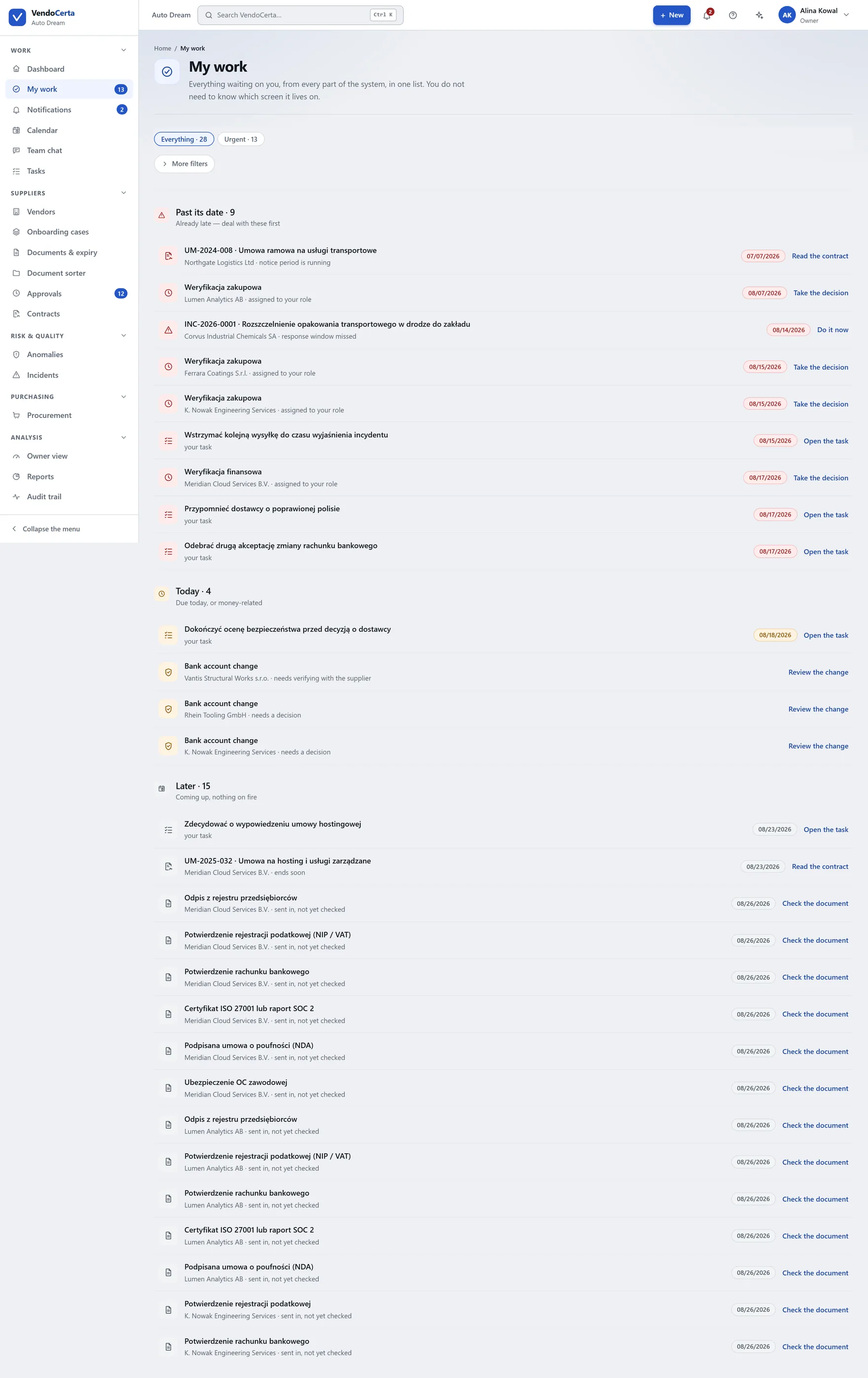 My work: everything assigned to this person across approvals, documents and tasks, in one queue.