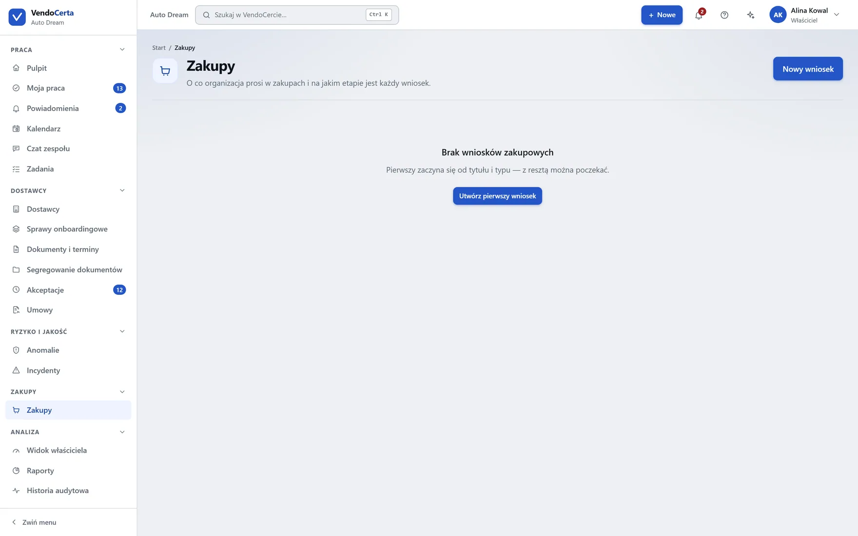Zapotrzebowania zakupowe: kto zgłosił, na co i na jakim etapie jest sprawa.