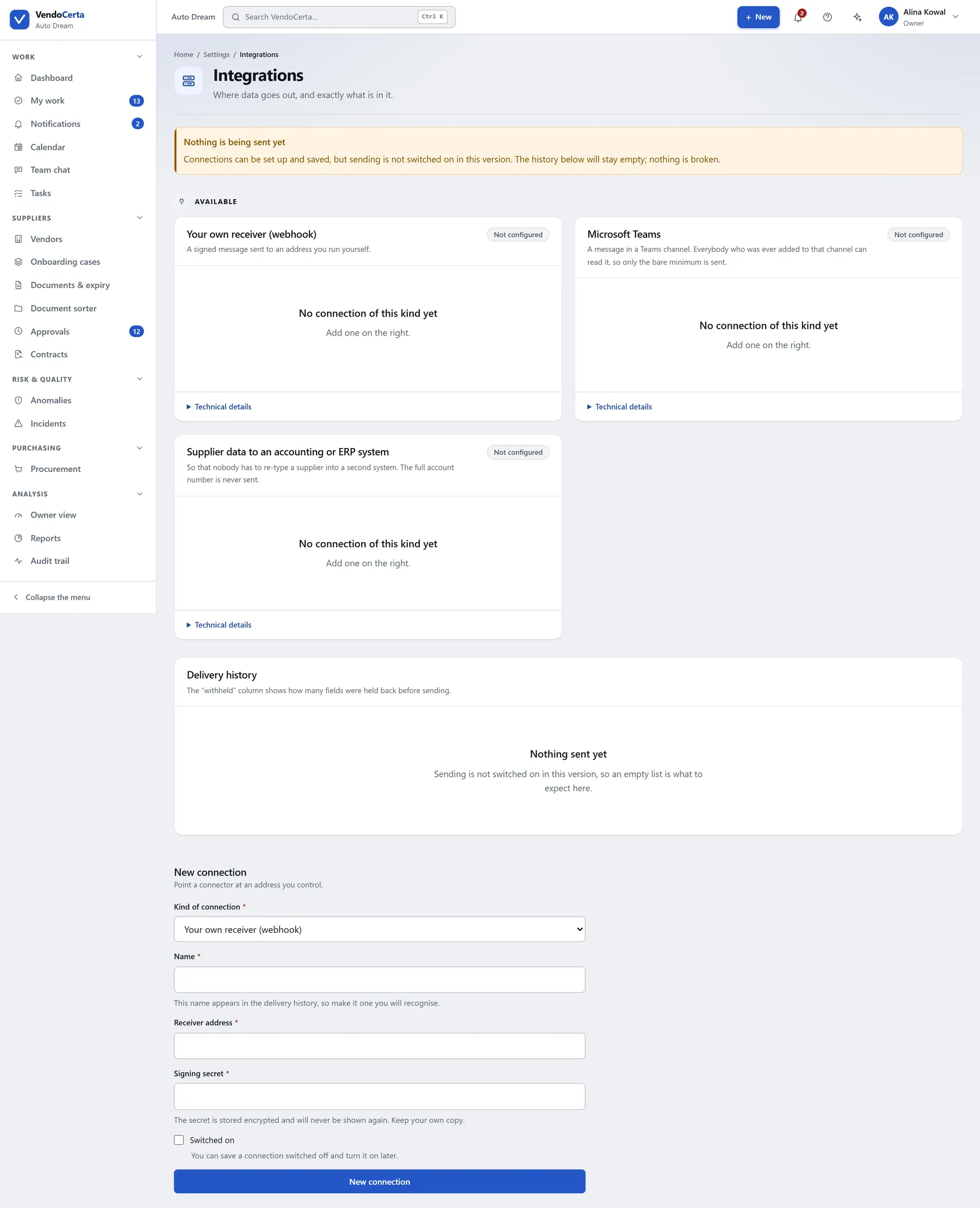Integration configuration, available to the owner role only.