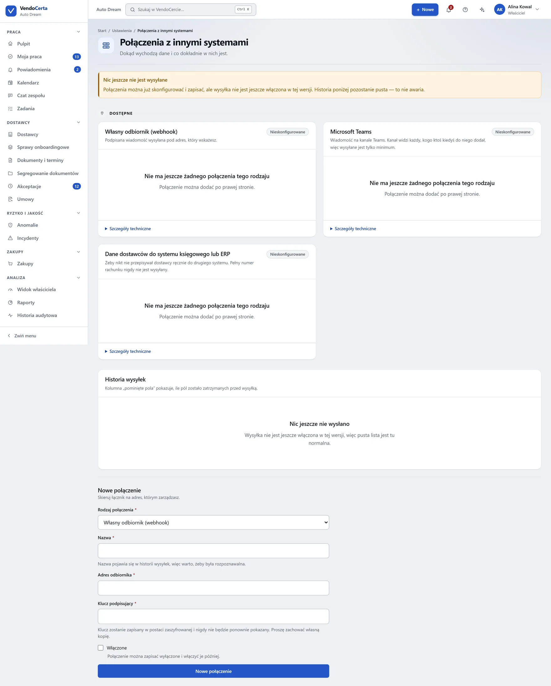 Konfiguracja integracji, dostępna wyłącznie dla roli właściciela.